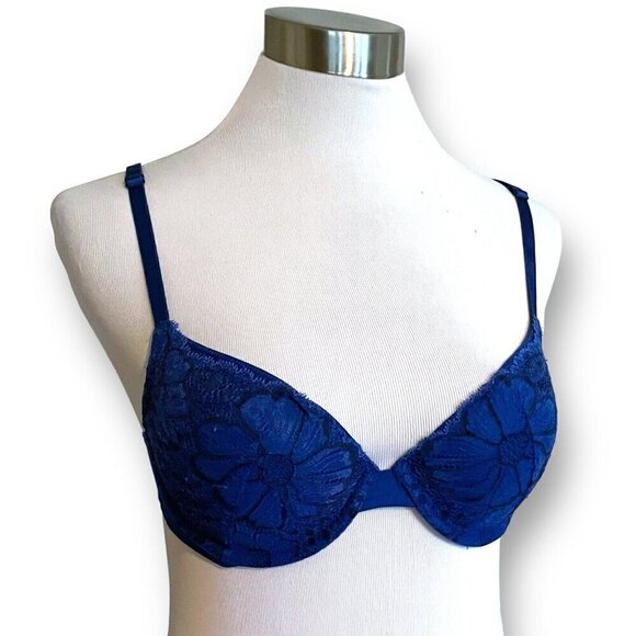 Victorias Secret 34B Demi Bra Blue Floral Lace Back Lightly Lined Underwire - Picture 2 of 7